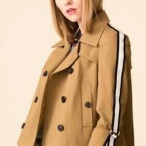 Crown & Ivy Short Trench Coat Double Breasted Striped Sleeves Water Resistant